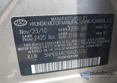 2011 Hyundai Sonata Gls из США, поврежденный, VIN 5NPEB4ACXBH210207